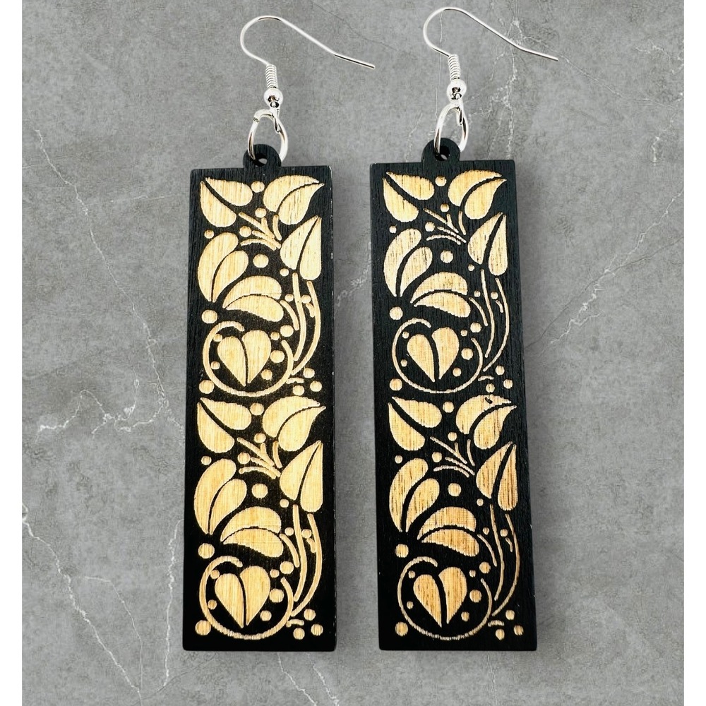 Carved Vines on Black Stained Wood Bar Earrings